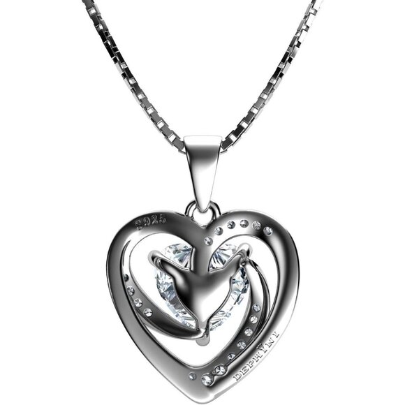 Elegant 925 Sterling Silver Heart Necklace with CZ Crystal - 18" Rhodium Plated - Picture 3 of 6